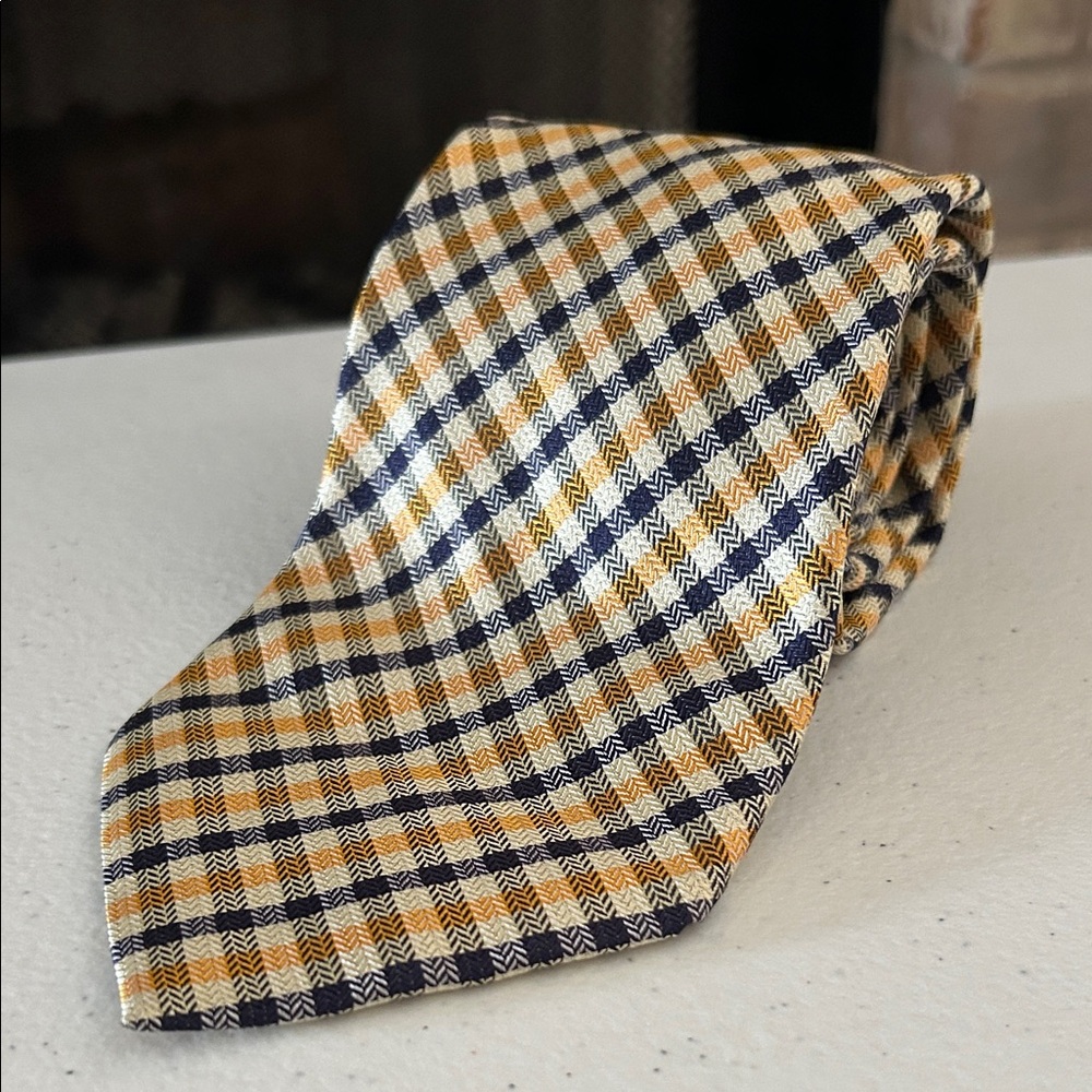 Burberry Navy and Gold Checkered Tie